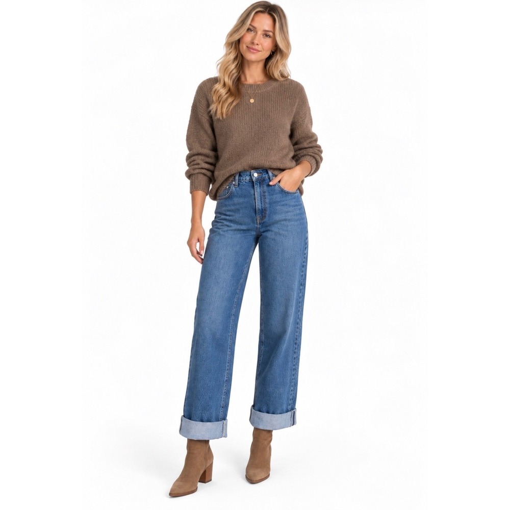 Pilcro Anthropologie High Rise Wide Leg Cuffed Blue Jeans Size 30 Medium Wash